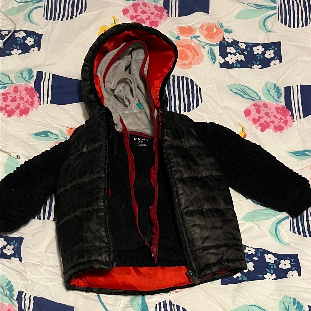 DKNY Black and Red Hooded Puffer Jacket